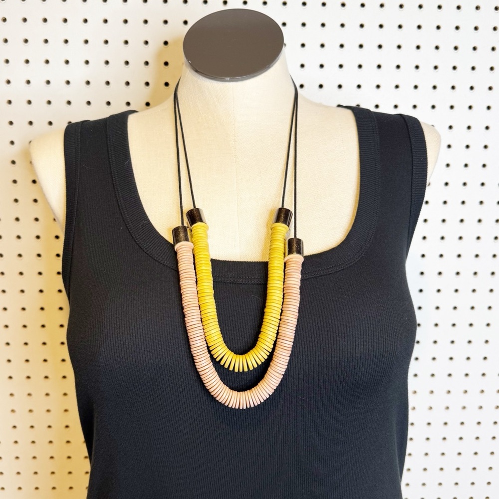 Set of Two, Adjustable Length, Stacked Disc Necklaces in Blush‎ Pink and Yellow